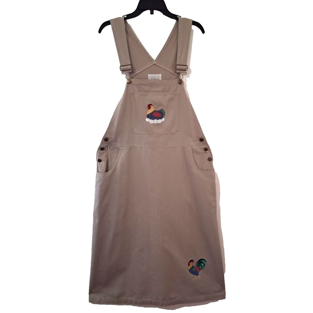 Mandal Bay Womens Large Chicken Hen Tan Denim Jumper Dress Pockets  Embroidery